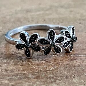 Green diamond flower ring in platinum over sterling silver
